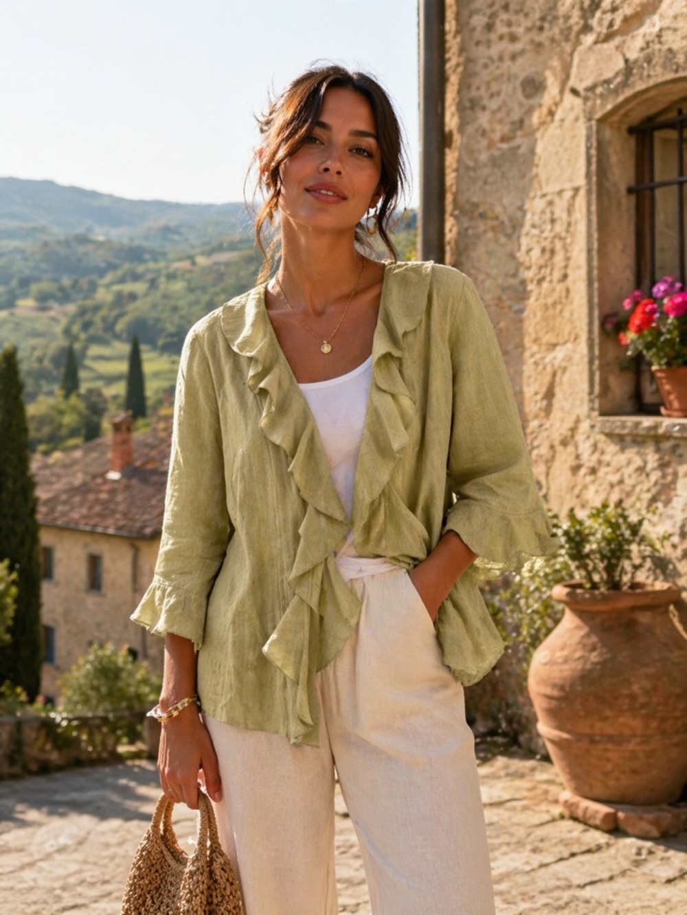 Peck & Peck 100%  Linen Top Size 18 Green Artsy Cottage sustainable Blazer Boxy